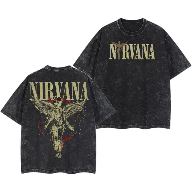 top Vintage Nirvana Tour Graphic Tee, Grunge Washed Heavy Cotton Double-Sided Oversized Black Shirt, Streetwear Trending Tee TikTok Shop $9.8