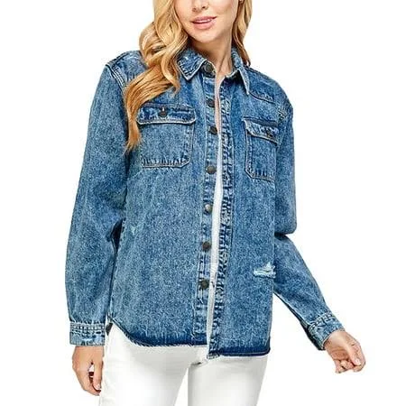 outerwear VKWEAR Women's Oversized Distressed Denim Button Down Shirt Walmart - VKwear $19.99