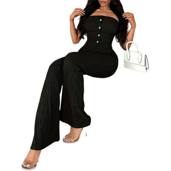 matching set Women 2 Piece Sets Button Decoration Off Shoulder Tube Tops and High Waist Wide Leg Pants, Women's, Size: Small, Black Kohl's $27.99