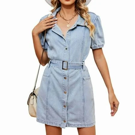 dress Women Casual Denim Dress Short Sleeve Tie Waist Classic Jean Shirt Dress Light Blue M, Women's, Size: Medium Walmart - Baixi $34.81