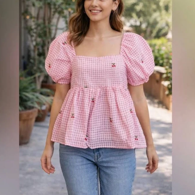 top Women’s Pink Short Sleeve Smock Cherry Embroidery Blouse Small NWT #Boutique - New Women | Color: Pink | Size: S Mercari $27