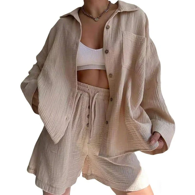 two piece set Women's 2 Piece Button Down Shirt and Shorts Set - Oversized Top with Drawstring Waist Shorts, Size: Medium, Khaki Kohl's $56.99