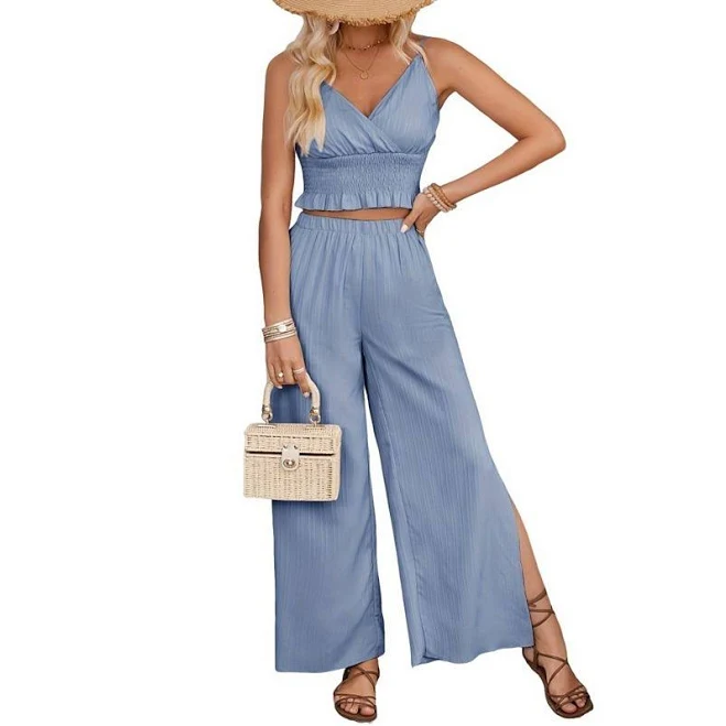 outfits Women's 2 Piece Set Casual Sleeveless Top Smocke Waist Wide Leg Pants with Side Slit for Vacation, Size: XXL, Blue Grey Kohl's $38.99