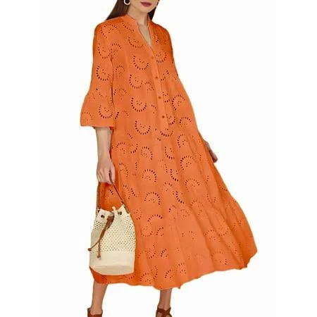 dress Women's 2025 Lace Eyelet Embroidery Maxi Dress V-Neck Trumpet Sleeve Boho Flowy Swing Dress Orange Color XL Walmart - Tidecus $47.79
