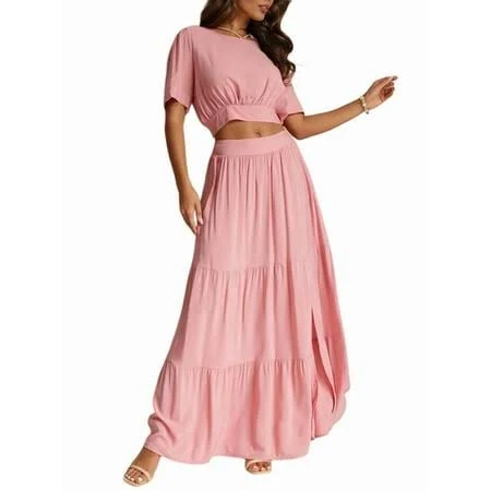 skirt Women's 2025 Summer Flowy Boho Maxi Skirt Trendy Slit Elastic High Waist A Line Beach Long Skirts Pink XL Walmart - Streamar $23.47