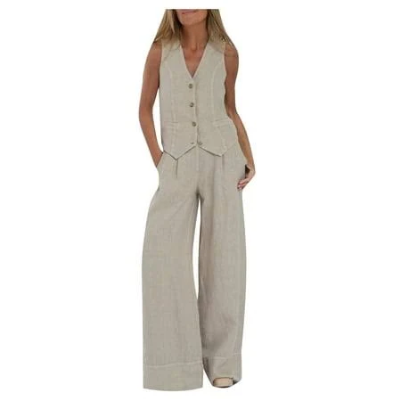 matching set Women's Business Casual Cotton Linen 2 Piece Suit Set with Pockets Walmart - BLTIBY(Delivery in 10-12 days) $26.99