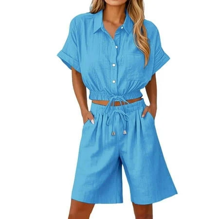 matching set Women's Casual Button Down Cropped Tops and Drawstring High Waist Shorts Walmart - Htigea $24.4
