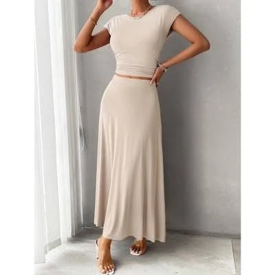matching set Women's Casual Crew Neck Short Sleeve Elastic Waist Swing Midi Skirt Target $44.99