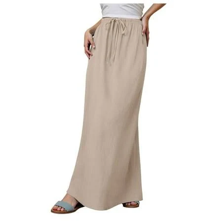 maxi skirt Women's Casual Loose Flowy Cotton Linen Maxi Skirt with Drawstring Walmart - NOLDARES $26.98