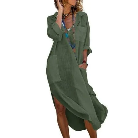 dress Women's Casual Loose Long Shirt Dress with Side Split and Pockets Walmart - Qiuse $31.89