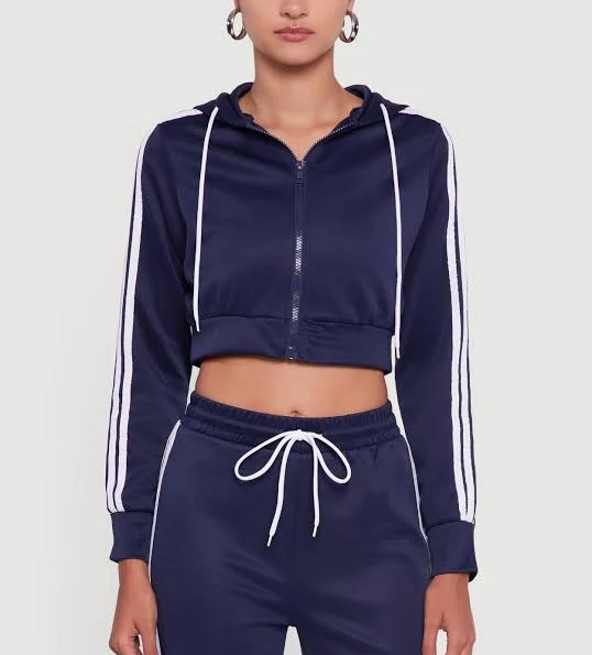 outerwear Womens Contrast Trim Hooded Zip Front Cropped Hoodie, Navy, Size L - Rainbow Shops Rainbow Shops $4.79