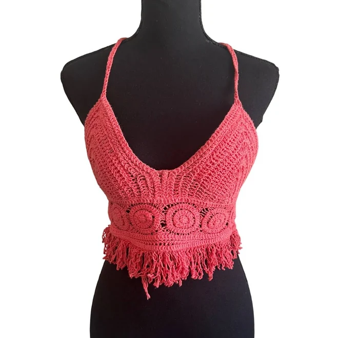 top Womens Coral Pink Crochet Halter Crop Top Size S Fringe Festival eBay - jaimesshops222 $19.89