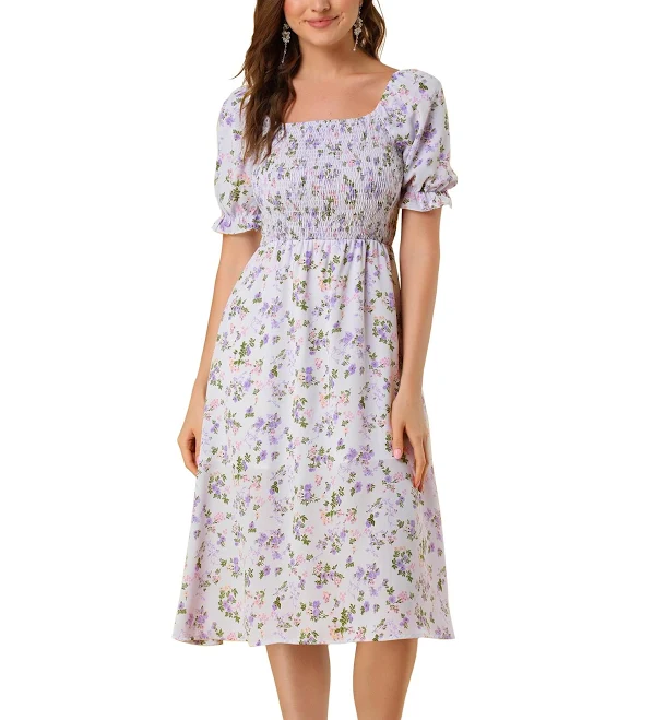 dress Women's Daring Diva Square Neck Puff Sleeves Smocked Waist Midi Floral Dres Walmart $33.99