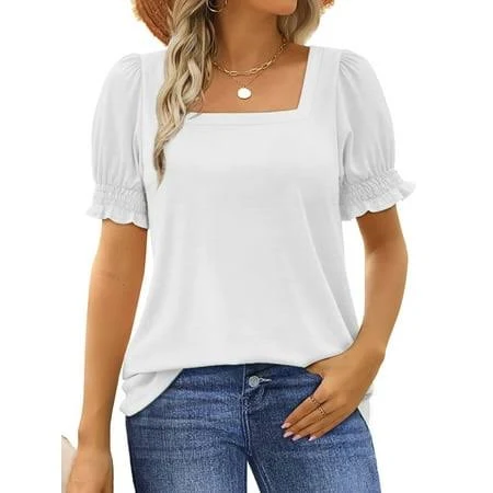 top Women's Dressy Casual Square Neck Puff Short Sleeve Tunic Walmart - UVN Trendy $12.96