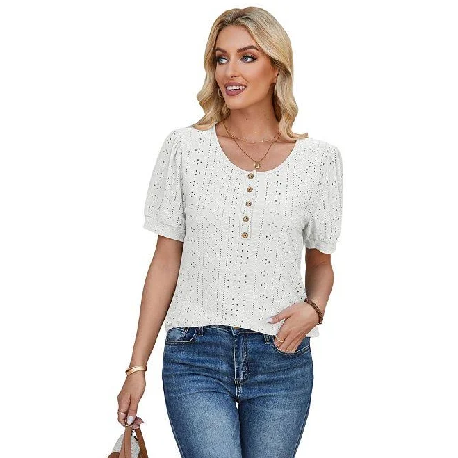 blouses Women's Eyelet Puff Sleeve Top Button Front Scoop Neck Casual Blouse, Size: Small, White Kohl's $28.99