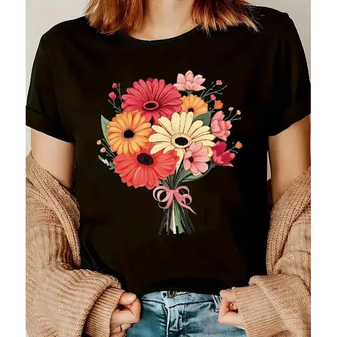 t-shirt Women's Floral Graphic Print Short Sleeve Crew Neck T-Shirt TikTok Shop $20.9