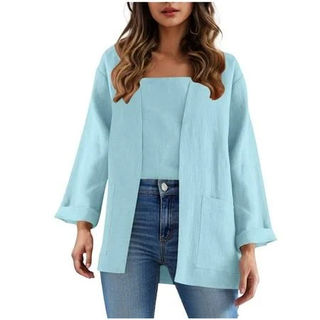 outerwear Women's Lightweight Linen Opent Front Cardigan with Pockets Walmart - Fashion Outfits For You $6.99