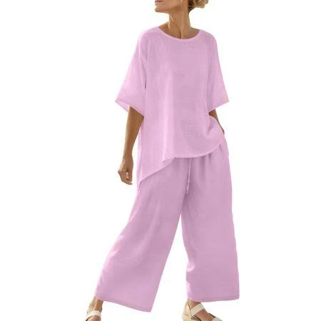 matching set Women's Linen Loose Half Sleeve Top and Drawstring Wide Leg Pants Walmart - ShomPort Clothing $15.99