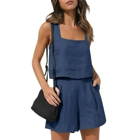 two piece set Women's Linen Sleeveless Crop Tank Tops and High Waist Lounge Shorts with Pockets Walmart - mohiass $13.88