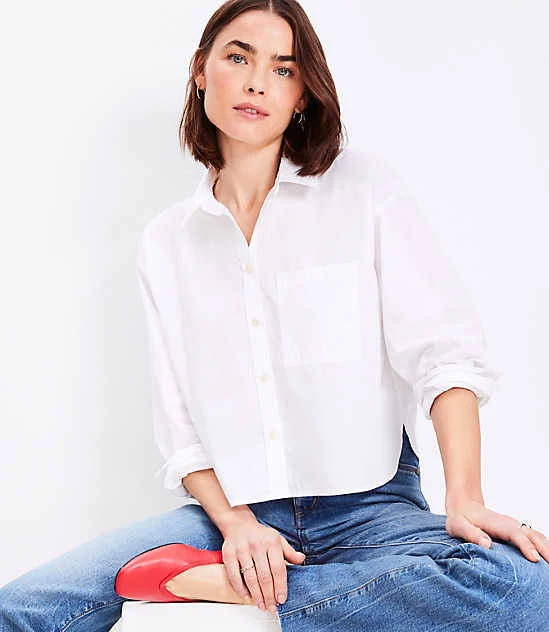 top Women's Loft Poplin Modern Pocket Shirt Size LOFT $29.99