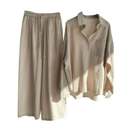 matching set Women's Loose Casual Linen 2 Piece Sets with Buttons Down Blouses Walmart - ShomPort Clothing $14.99