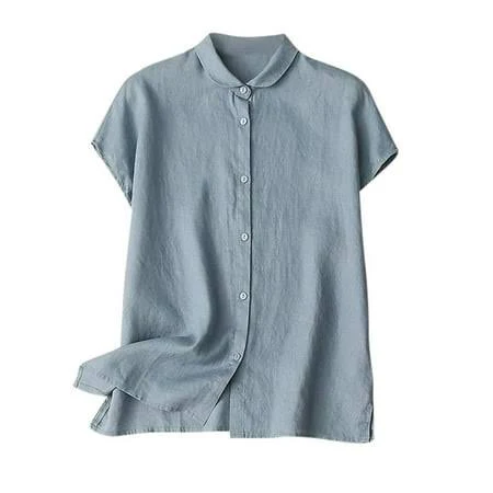 top Women's Loose Fit Cotton Linen Tunic with Split Side Collared Button Down Walmart - JGGSPWM $20.89