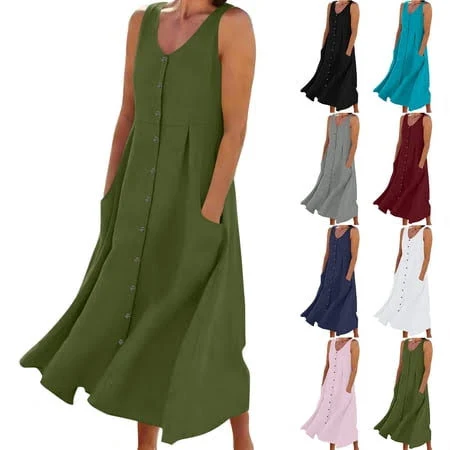 dress Women's Loose Flowy Cotton Linen Midi Dress with Pockets Walmart - ZhaoChengZhong $23.47