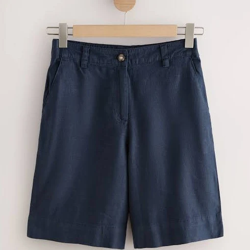 shorts Womens NEXT Navy Blue Linen Blend Bermuda Shorts Next USA $37