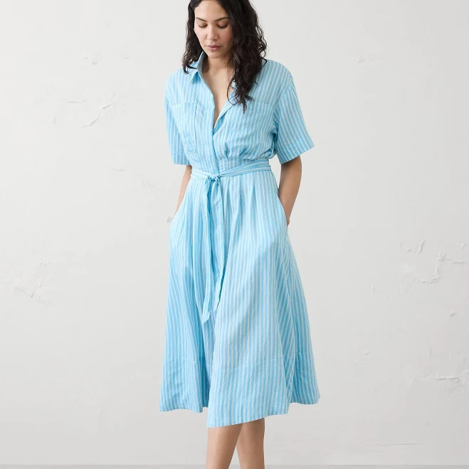 dress Women's Pleated Midi Shirtdress Light Blue Stripe Banana Republic Factory $84