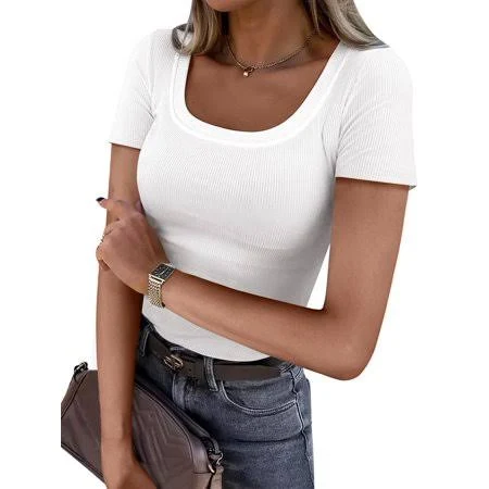 top Women's Ribbed Knit Slim Fitted Short Sleeve Top Walmart - ANRABESS FASHION $8.99