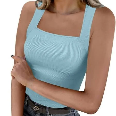 top Women's Ribbed Knit Square Neck Tank Top Walmart - Otntypg $6.49