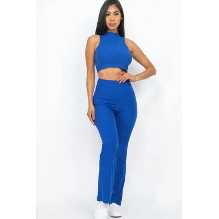 two piece set Women's Ribbed Mock Neck Tank Top & Bootcut Pants Set Walmart - SARONITE $23.94