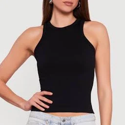 top Women's Seamless Rib Knit Cropped Racerback Tank Top Rainbow Shops $7.99