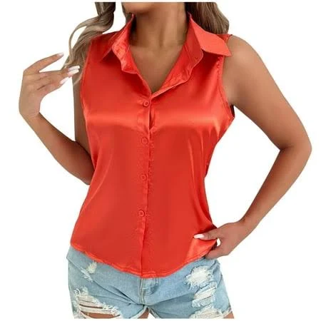 sleeveless top Women's Sleeveless Silk Satin Button Down Shirt Walmart - Ahdbta $9.98