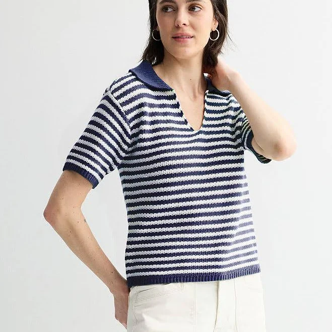 top Women's Sonoma Goods For Life Short Sleeve Collared Sweater, Size: XS, White Navy Stripe Kohl's $24.49