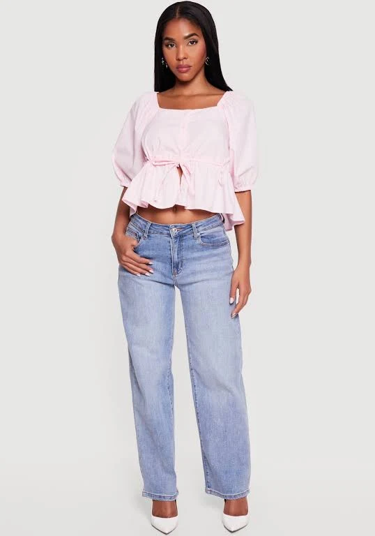 top Women's Square Neck Tie Waist Puff Sleeve Crop Top Rainbow Shops $17.97