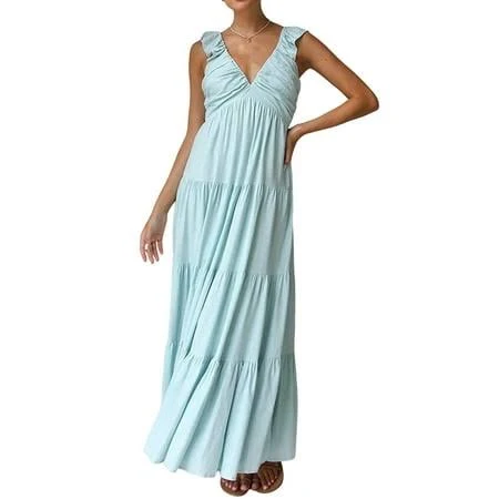 dress Women's Summer Flowy Maxi Dress Casual Sleeveless V Neck Smocked Beach Sundress Light Blue XL Walmart - Moucles $32.79