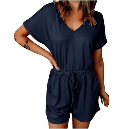 romper Women's V-Neck Short Sleeve Elastic Jumpsuit with Pockets Walmart - FAIWAD Clothing $12.99
