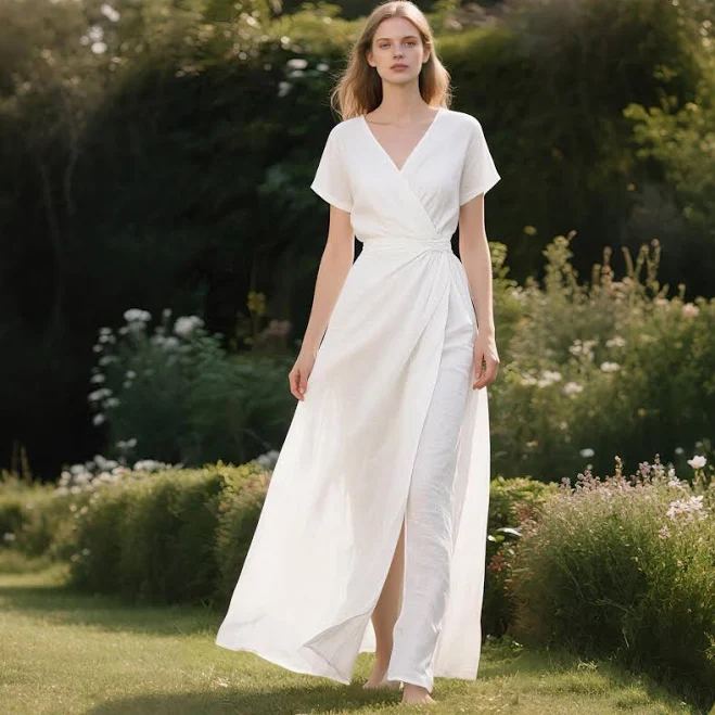 dress Women's V-Neck Short Sleeve Wrap Linen Maxi Dress with Pockets and Belt Etsy - Seller $62.9
