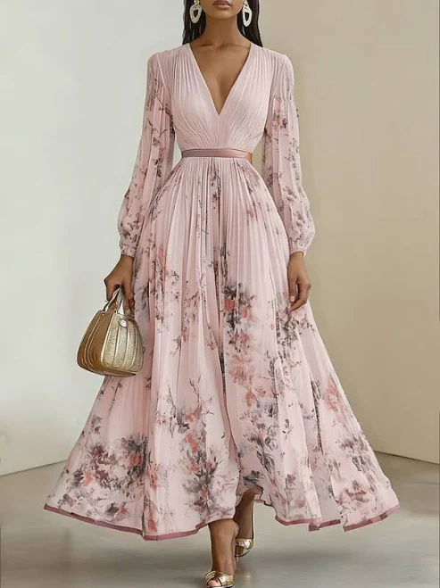 dress Women's White Pleated Floral Chiffon V Neck Long Sleeve Balloon Sleeve A-Line Maxi Dress Fehaute $125.3