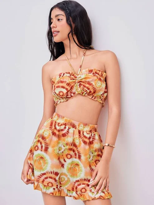 two piece set Woven Halter Floral Crop Top and Mid Rise Mini Skirt Cider $11.37