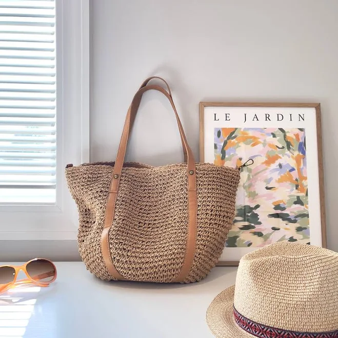 bag Woven Straw Beach Tote Bag with Vegan Leather Straps Etsy - Seller $44.99