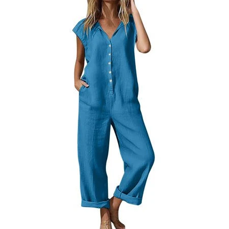 jumpsuit Yardsong Women's Linen Jumpsuits Summer Short Sleeve Overalls Pocket Beach Casual Button Down Romper Dressy Loose Jumpsuit Walmart - Yardsong Apparel $21.99