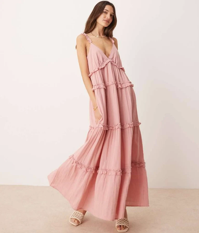 dress YAS tiered ruffle detail cami maxi dress in dusty pink ASOS $96.05