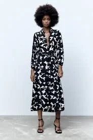 dress Zara Black White Geometric Print Belted Midi Maxi Shirt Dress Viscose Crepe S eBay $29.95
