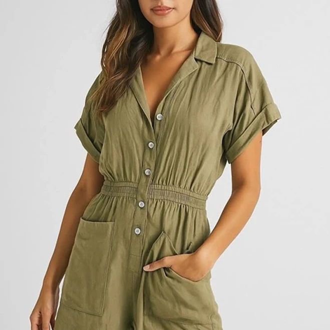 romper ZARA New Khaki Green Linen Blend Button Shirt Playsuit Shorts Jumpsuit Medium - New Women | Color: Green | Size: M Mercari $20