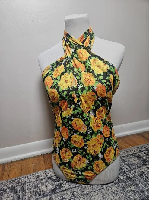 bodysuit Zara Tops | Zara Black Halter Bodysuit With Yellow Rose Print | Color: Green/Yellow | Size: L | Heymollyllc's Closet Poshmark $12