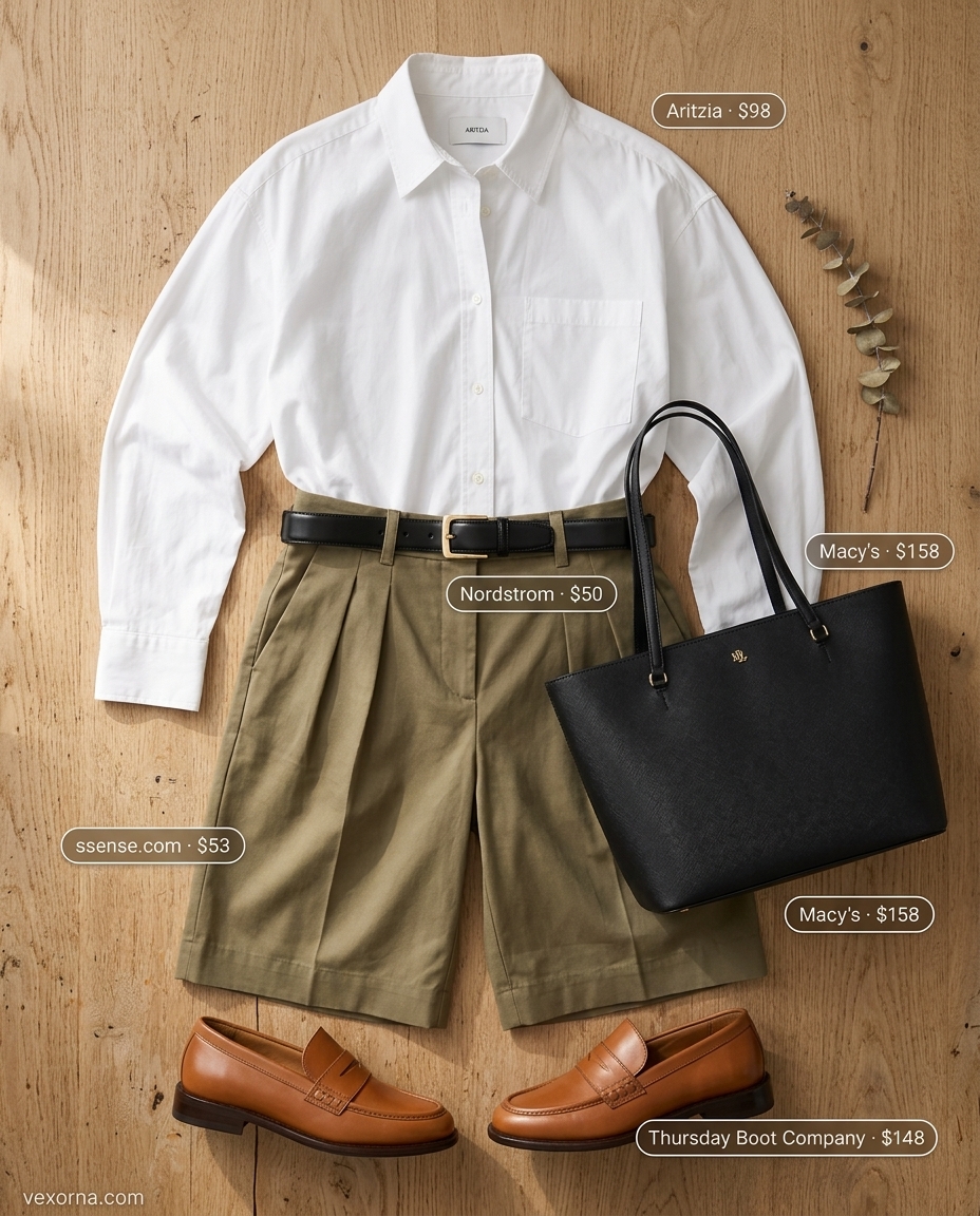 Quiet luxury summer outfit: white shirt, khaki Bermuda shorts, black loafers, and leather tote.