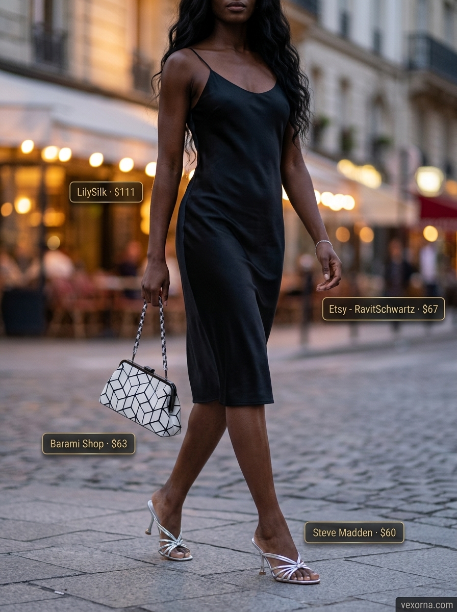 Quiet luxury summer outfit: black slip dress, silver bracelet, and metallic heeled mules.