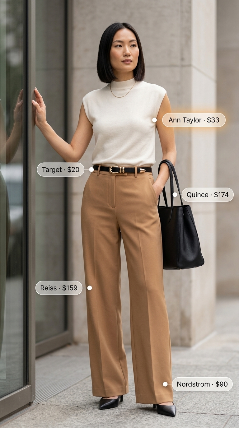 Quiet luxury summer outfits for women 2026: Camel wide-leg trousers, cream mock neck top, black heels.